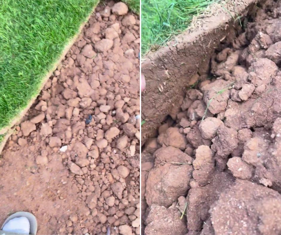 A side-by-side comparison of two images showing landscaping work. Both images display a trench dug along the edge of a grassy area, revealing loose, rocky soil underneath. One image shows a close-up of the dirt, while the other provides a wider view including the trench edge.