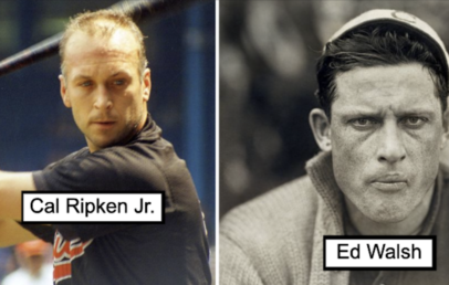 A split image featuring two black-and-white photos of baseball players, one on the left and one on the right. The left image shows a player in mid-swing, with the text "Cal Ripken Jr." The right image shows a close-up of a serious-looking player, labeled "Ed Walsh.