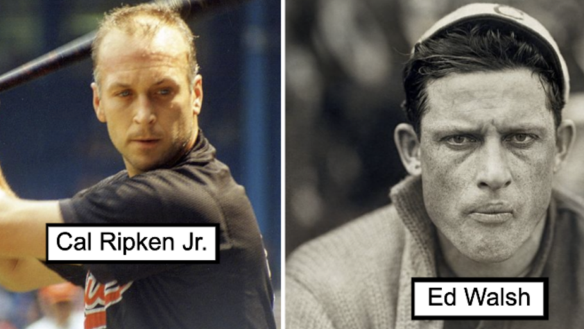 A split image featuring two black-and-white photos of baseball players, one on the left and one on the right. The left image shows a player in mid-swing, with the text "Cal Ripken Jr." The right image shows a close-up of a serious-looking player, labeled "Ed Walsh.