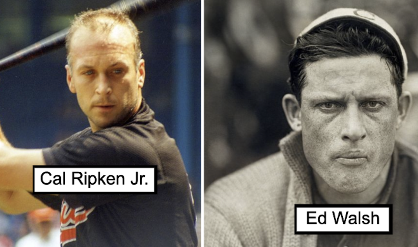 A split image featuring two black-and-white photos of baseball players, one on the left and one on the right. The left image shows a player in mid-swing, with the text "Cal Ripken Jr." The right image shows a close-up of a serious-looking player, labeled "Ed Walsh.