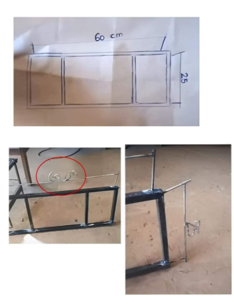 Three images show the process of crafting a metal frame. The top image is a hand-drawn sketch of a rectangular frame with dimensions of 60 cm by 25 cm. The bottom two images depict the assembled frame with hooked metal attachments, one of which is circled in red.