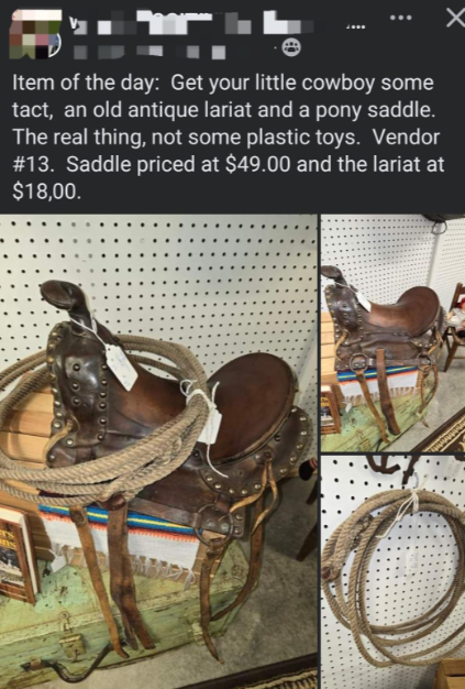 An antique brown leather saddle with metal rivets and a coiled lariat displayed on a wooden stool against a pegboard backdrop. Additional images show close-ups of the lariat and saddle. The text promotes the items as genuine cowboy gear available for purchase.