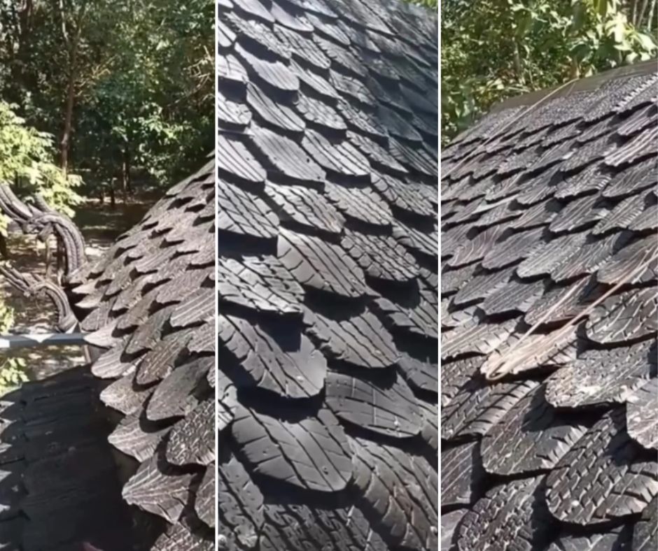 A collage of three images showing a close-up of a roof covered in overlapping shingles made from recycled black tires. The shingles resemble fish scales and are set against a backdrop of green foliage.