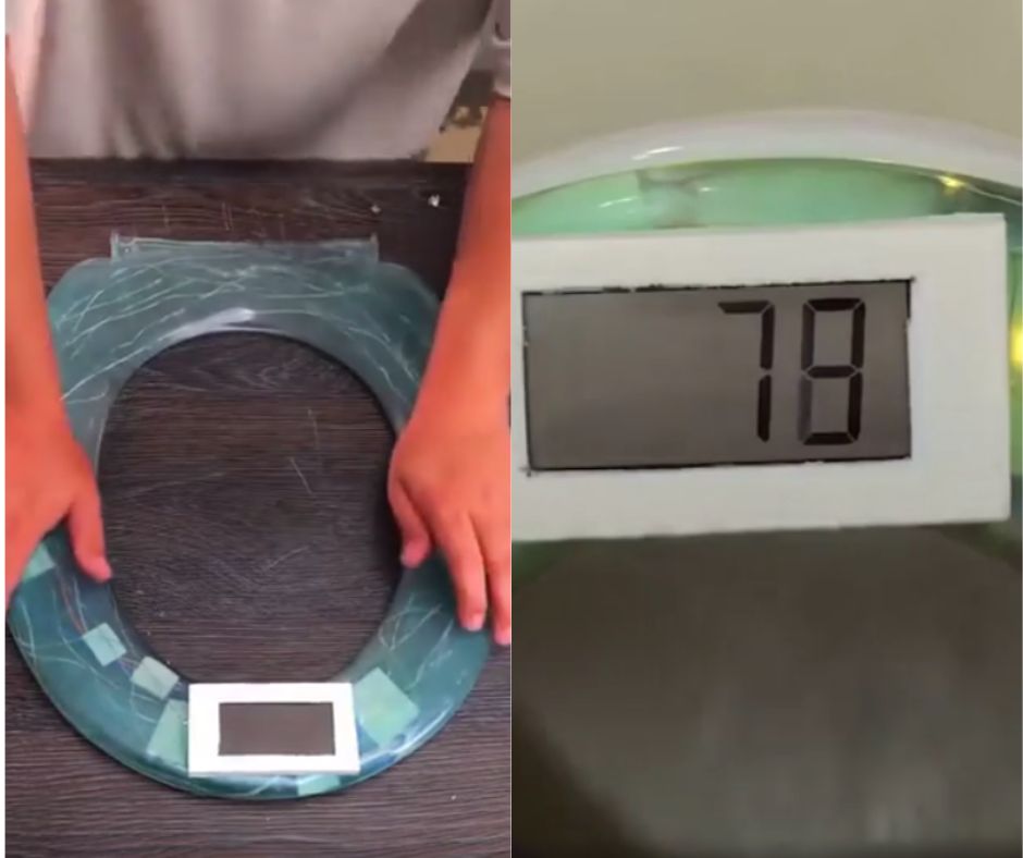 Two-part image: Left side shows a child's hands on a digital scale integrated into a teal toilet seat. Right side is a close-up of the scale's display showing a weight of 78.