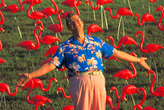 A man wearing a vibrant blue floral shirt and pink pants stands in a field with numerous red flamingo lawn ornaments. He is smiling with his arms spread wide, appearing joyful and content in the whimsical setting.