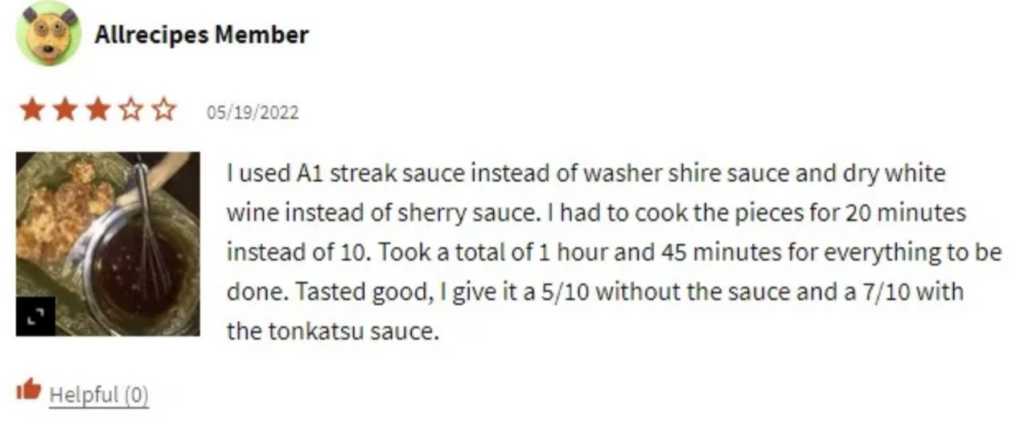 A recipe review by an Allrecipes member, dated 05/19/2022. The reviewer used A1 steak sauce and dry white wine instead of Worcestershire sauce and sherry sauce. They cooked for 20 minutes instead of 10. Final scores: 5/10 without sauce, 7/10 with tonkatsu sauce. One helpful vote.