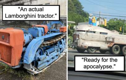 The image is a side-by-side comparison of two vehicles. The left side shows an old, blue Lamborghini tractor. The right side shows a heavily modified, rugged vehicle with metal plating, labeled "Ready for the apocalypse.