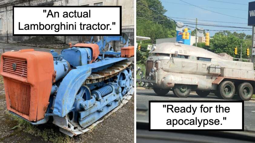 The image is a side-by-side comparison of two vehicles. The left side shows an old, blue Lamborghini tractor. The right side shows a heavily modified, rugged vehicle with metal plating, labeled "Ready for the apocalypse.