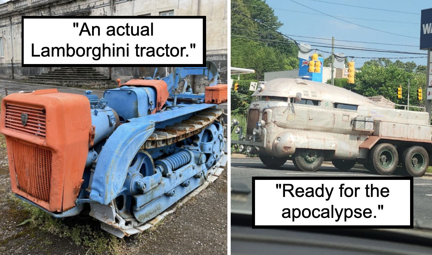 The image is a side-by-side comparison of two vehicles. The left side shows an old, blue Lamborghini tractor. The right side shows a heavily modified, rugged vehicle with metal plating, labeled "Ready for the apocalypse.