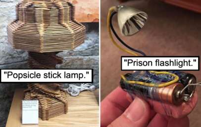 The image features two unique items: on the left, a lamp made entirely of interlocked popsicle sticks with a small description card in front of it; on the right, a makeshift flashlight composed of a battery, wires, and a small bulb, labeled “Prison flashlight.”