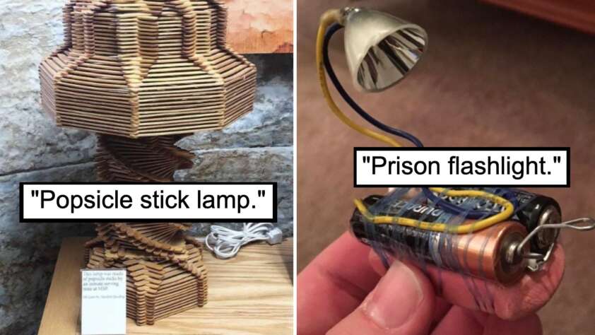 The image features two unique items: on the left, a lamp made entirely of interlocked popsicle sticks with a small description card in front of it; on the right, a makeshift flashlight composed of a battery, wires, and a small bulb, labeled “Prison flashlight.”