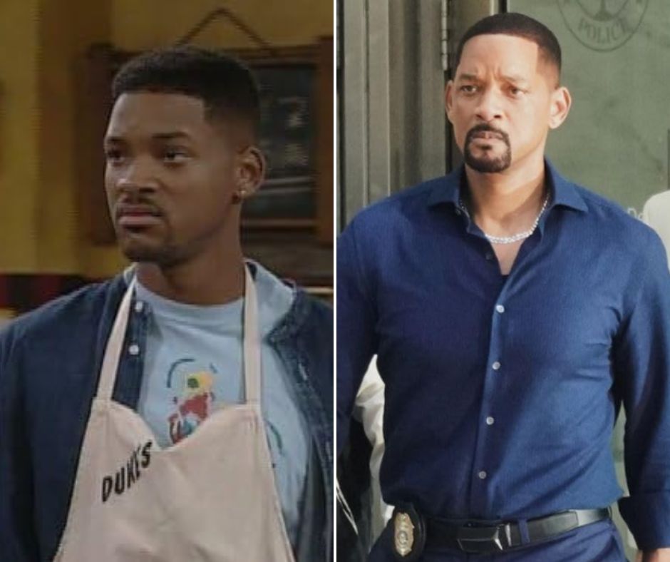 Side-by-side comparison of two images of the same man. On the left, he is younger, wearing a light blue shirt and an apron with "DUNKS" written on it. On the right, he is older, wearing a dark blue button-up shirt and a police badge on his belt.