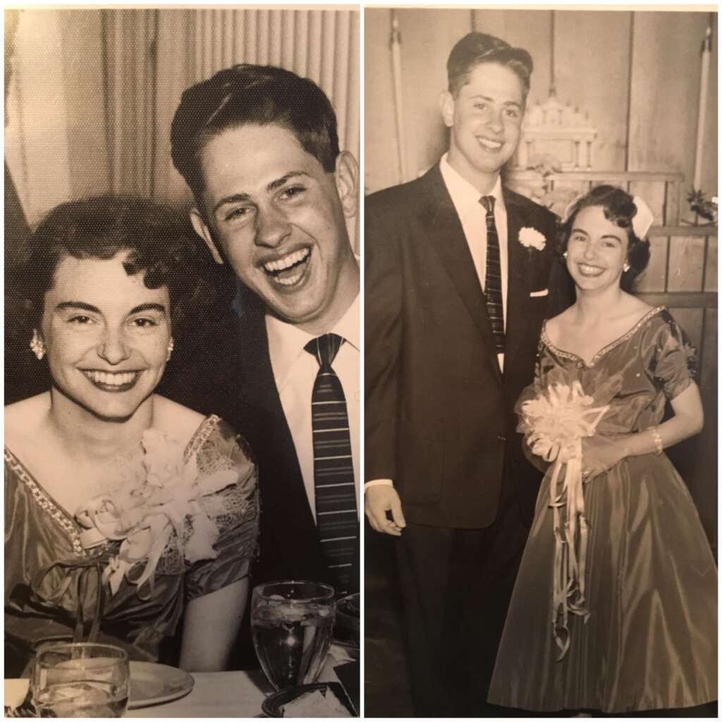 Side-by-side vintage photos of a couple. On the left, they are sitting at a table, smiling and laughing. On the right, they are standing, with the woman holding a large floral bouquet. Both are dressed formally; the woman in a gown and the man in a suit and tie.