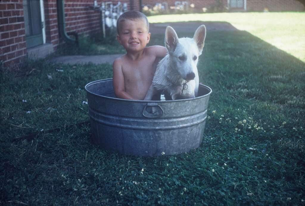 A young child sits in a large metal tub of water on a grassy lawn, smiling at the camera while holding a white dog that is also in the tub. The background includes a red brick building and a pathway.