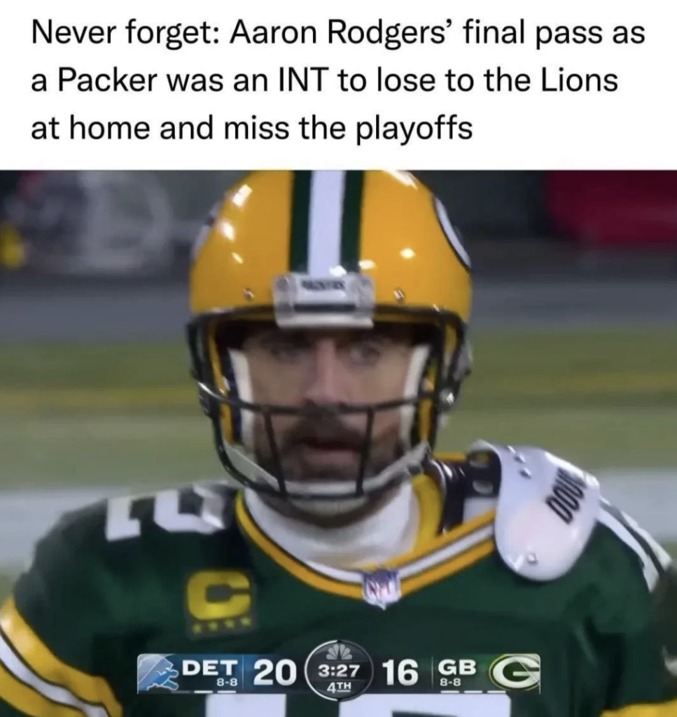 A football player wearing a Green Bay Packers uniform looks on with a distressed expression, with a score overlay showing Detroit Lions 20, Green Bay Packers 16, and 3:27 remaining in the 4th quarter. Text above highlights the player's final game moment.