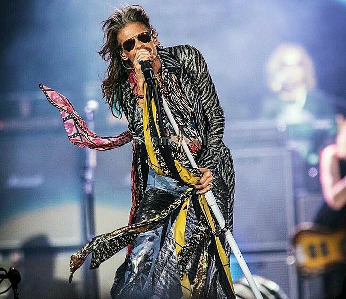 A rock singer with long hair and sunglasses passionately performs on stage, gripping a microphone stand decorated with colorful scarves. The background features blurred musicians and stage equipment. The vibrant lighting adds energy to the scene.