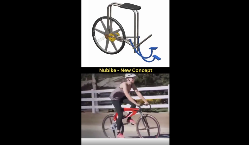 The image is divided into two parts. The top part shows a graphic of a bicycle without a front wheel, featuring a padded seat on a metal frame. The bottom part shows a person riding a modern-design bicycle without a front wheel. Text: "Nubike - New Concept.