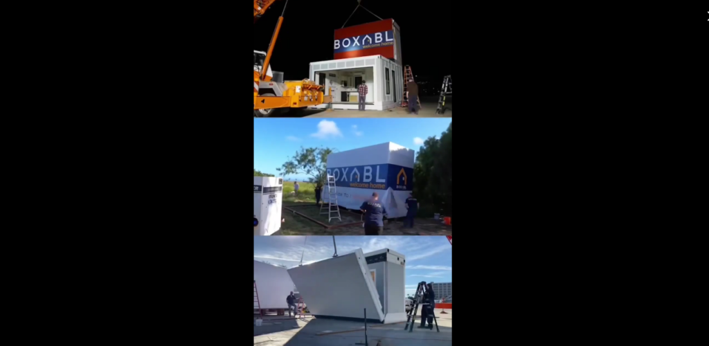 Three images show the assembly of a small modular building labeled "BOXABL." The first image features a crane lifting the unit. In the second image, the unit is partially unfolded. The third image shows the fully expanded structure with workers around.