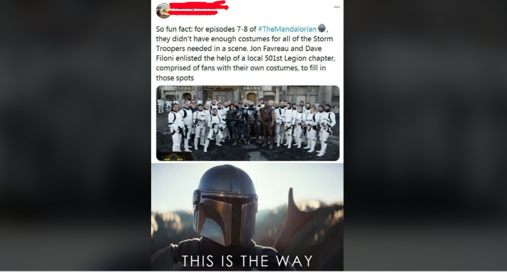 A Twitter post featuring a fun fact about "The Mandalorian." The top image shows a group of Stormtroopers and crew members. The bottom image is of a Mandalorian helmet with the caption, "THIS IS THE WAY.