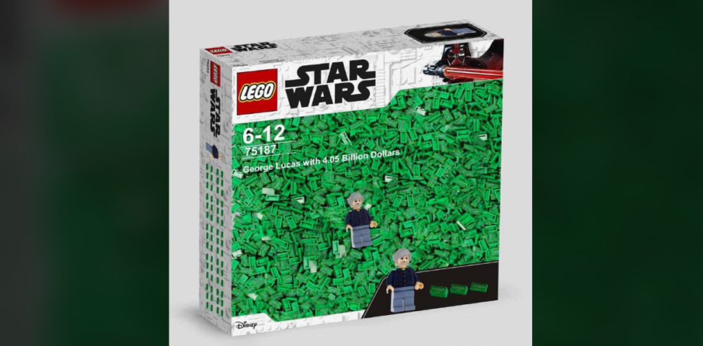 LEGO box labeled "Star Wars" with a green sea of LEGO pieces on the front. The set number is 75187, and it humorously reads "George Lucas with 4.05 Billion Dollars." Two LEGO minifigures are depicted below the text.