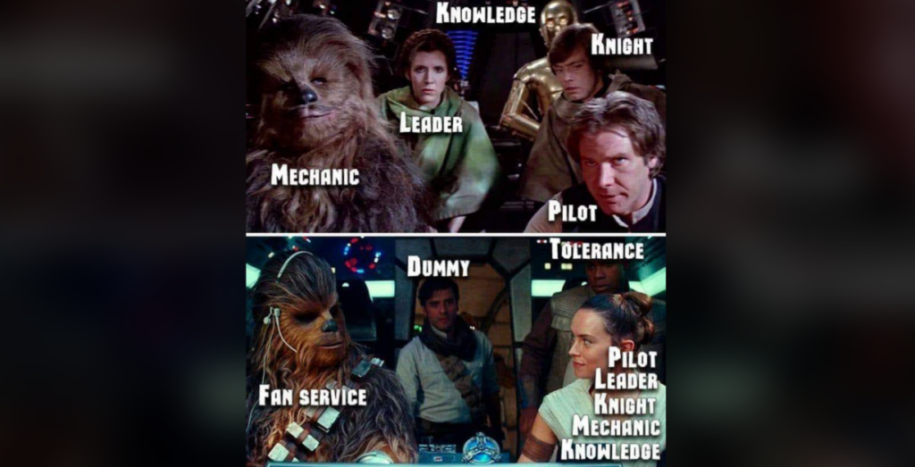 Top image shows four characters from a space-themed movie with labels for their roles: Mechanic, Leader, Knowledge, and Pilot. Bottom image features updated characters with the labels for their roles: Dummy, Tolerance, Fan Service, and a combined role list: Pilot, Leader, Knight, Mechanic, Knowledge.