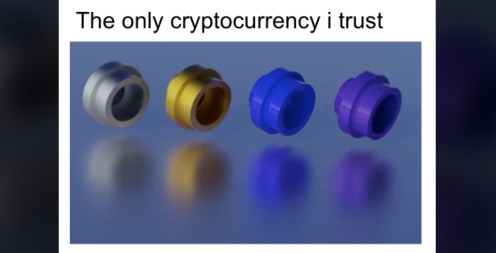 A meme image featuring four ring-like objects resembling the collectible rings from the Sonic the Hedgehog video games. The text above the objects reads, "The only cryptocurrency I trust." The rings are colored silver, gold, blue, and purple.