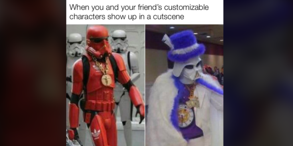 Two people in unique outfits modeled after Stormtroopers from Star Wars. The one on the left is in a red suit with Adidas branding and gold chains, while the one on the right wears a white fur coat, purple hat, and similar gold chains.