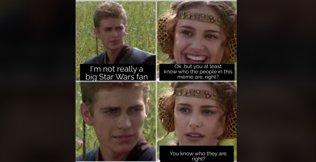 A four-panel meme featuring two characters in a field. The top left character says, "I'm not really a big Star Wars fan." The top right character replies, "Ok, but you at least know who the people in this meme are, right?" The bottom left shows the first character staring. The bottom right shows the second character looking worried, saying, "You know who they are, right?