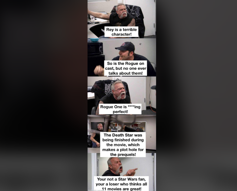 A comic strip of four panels showing two men intensely discussing Star Wars. The top man says, "Rey is a terrible character!" while the bottom man responds with counterarguments, including praising Rogue One and pointing out a plot hole about the Death Star.