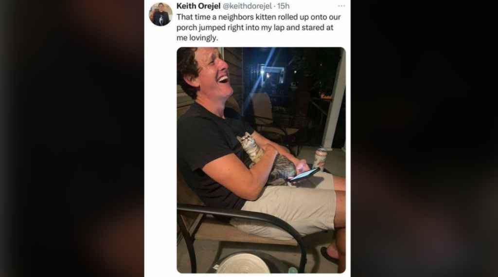 A man sitting on an outdoor chair is laughing with his eyes closed while holding a gray kitten in his lap. He has a can of beer near his foot, and his phone is in his other hand. The tweet above the image reads, "That time a neighbor's kitten rolled up onto our porch, jumped right into my lap, and stared at me lovingly.