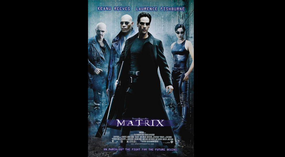 Poster for the movie "The Matrix" featuring four characters in dark, futuristic attire. The main character wears sunglasses and a long black coat, standing in the center with others flanking him. The title "Matrix" appears at the bottom with credits underneath.