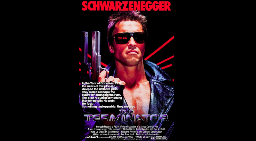 A movie poster for "The Terminator." It features a muscular man wearing sunglasses and a leather jacket, holding a gun. Red rays emanate from behind him. The text includes the actor's name at the top, a brief description in the middle, and the movie title at the bottom.