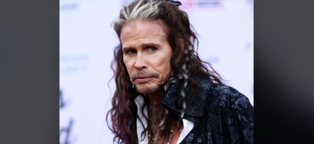 A person with long, wavy hair streaked with white and dark shades, wearing a dark patterned jacket over a white shirt, is looking towards the camera with a serious expression. The background is light-colored and out of focus.