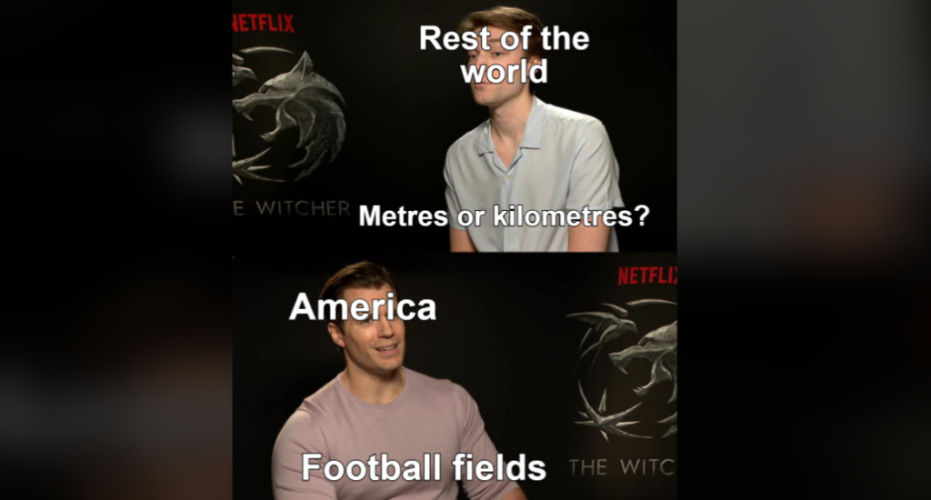 Two images show a man being interviewed against a backdrop featuring "The Witcher" logo. The top text reads "Rest of the world: Metres or kilometres?" The bottom text reads "America: Football fields." The man appears to be responding in each image.