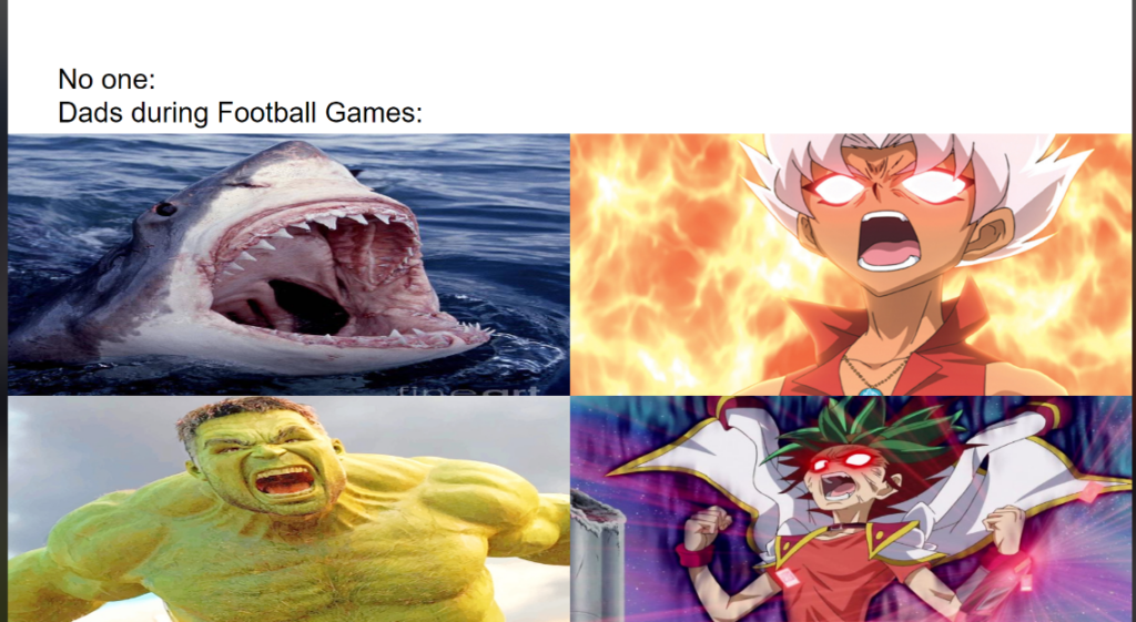 A meme with four images. Top text: "No one: Dads during Football Games:" Bottom: (Left-right) a shark with open mouth, an animated character with red glowing eyes and fiery background, Hulk looking angry, and another animated character yelling with fire behind.