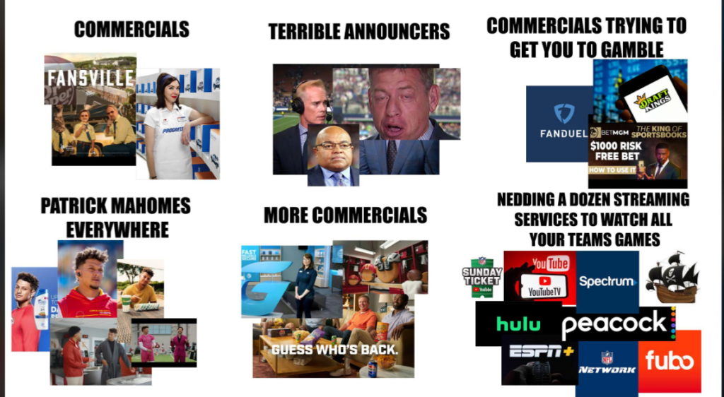 A collage of humorous NFL memes: "Commercials" shows cheerleaders, "Terrible Announcers" shows two men with exaggerated expressions, "Commercials Trying to Get You to Gamble" includes betting logos, "Patrick Mahomes Everywhere" depicts Mahomes in various ads, "More Commercials" shows a sofa with multiple people and "Needing a Dozen Streaming Services" includes various streaming logos.