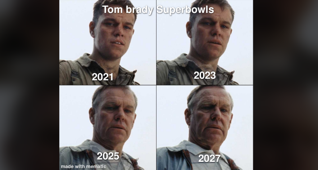 A meme depicting four images of the same person, each progressively showing more signs of aging. The images are labeled "2021," "2023," "2025," and "2027." The top text reads "Tom Brady Superbowls," suggesting aging due to the duration of Tom Brady's career.