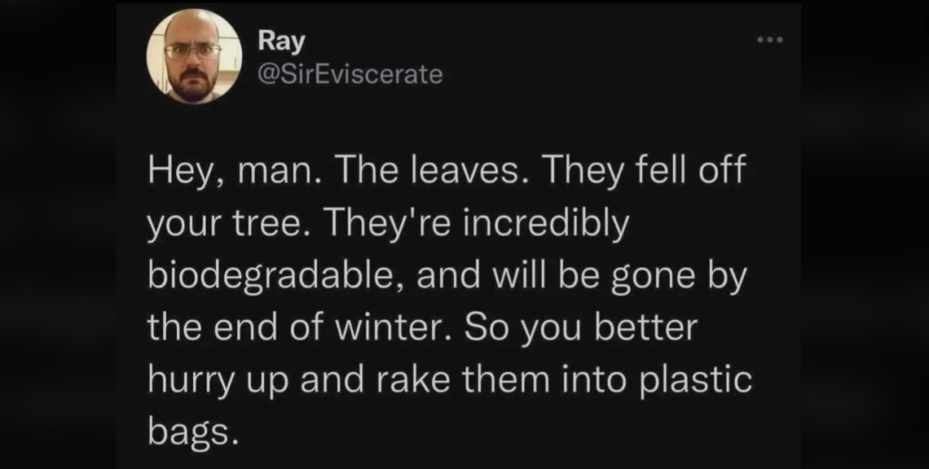 A tweet by a user named Ray (@SirEviscerate) reads, "Hey, man. The leaves. They fell off your tree. They’re incredibly biodegradable, and will be gone by the end of winter. So you better hurry up and rake them into plastic bags.