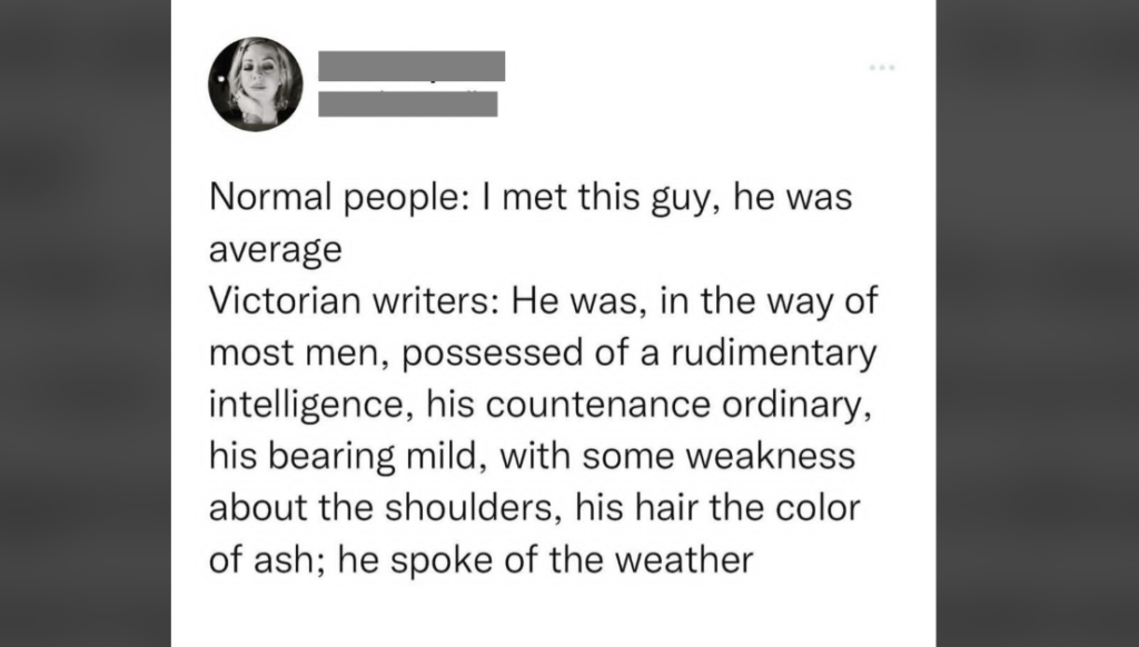 A social media post contrasts "Normal people" with "Victorian writers" in describing someone. The normal description is brief: "I met this guy, he was average." The Victorian writer's description is lengthy, detailed, and ornate, describing the person’s bearing, intelligence, appearance, and mannerisms.