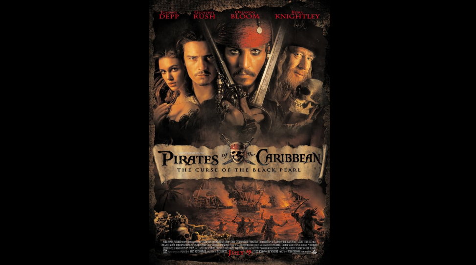 A poster for "Pirates of the Caribbean: The Curse of the Black Pearl" featuring four main characters at the top above the film's title. Below them is a tumultuous sea battle scene with ships in flames. Actor names are listed atop the poster.