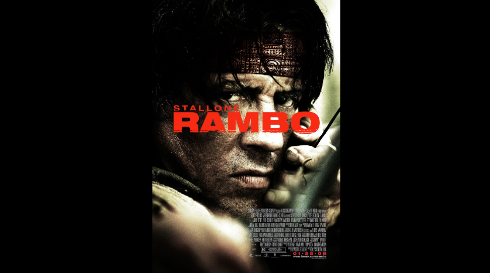 Movie poster for "Rambo" featuring a close-up of the protagonist's intense, dirt-smeared face. He is gripping a bow and arrow, ready for action. The name "Stallone" is written above "Rambo" in large red letters. The bottom features additional text and credits.