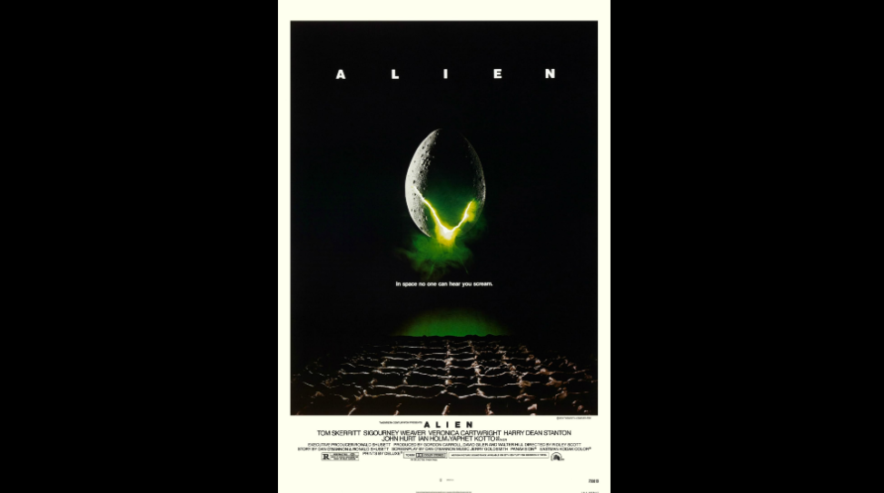 Movie poster for "Alien" featuring a cracked egg-like object emitting a greenish light against a dark background. Below, the tagline reads, "In space no one can hear you scream." Film credits and title are at the bottom above a textured surface.