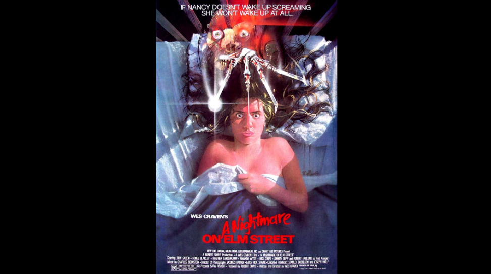 Movie poster for "A Nightmare on Elm Street." A young woman lies in bed, terrified, clutching her bedsheet. Above her, a menacing hand with razor-sharp claws and a demonic face appear. The tagline reads, "If Nancy doesn't wake up screaming, she won't wake up at all.