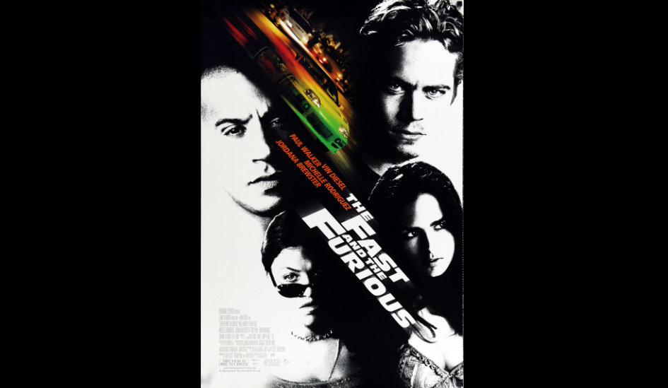 A movie poster for "The Fast and the Furious" featuring black and white images of four individuals around the title. The top left has a man with a serious expression, top right has another man's face, and the bottom depicts two women. A colorful streaking car is in the background.