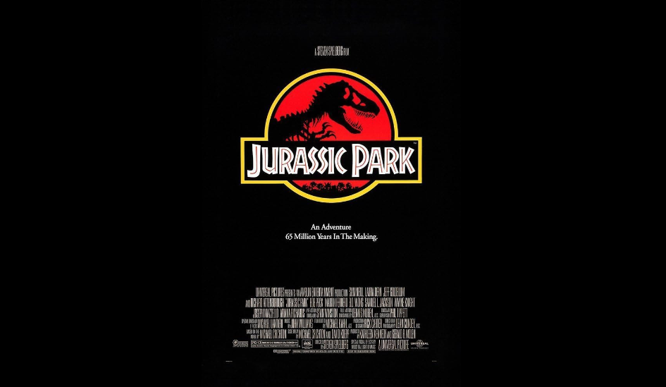 A movie poster for "Jurassic Park" featuring a red and black T-Rex skeleton logo against a black background. The title "Jurassic Park" is prominently displayed below the logo. The tagline reads, "An Adventure 65 Million Years in the Making," with credits at the bottom.