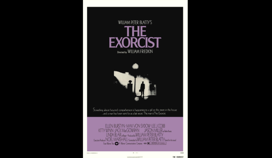 A movie poster for "The Exorcist" directed by William Friedkin. It depicts a silhouette of a man standing by a lit-up window, holding a briefcase. The title is in large purple letters at the top, with credits below in white text on a black background.