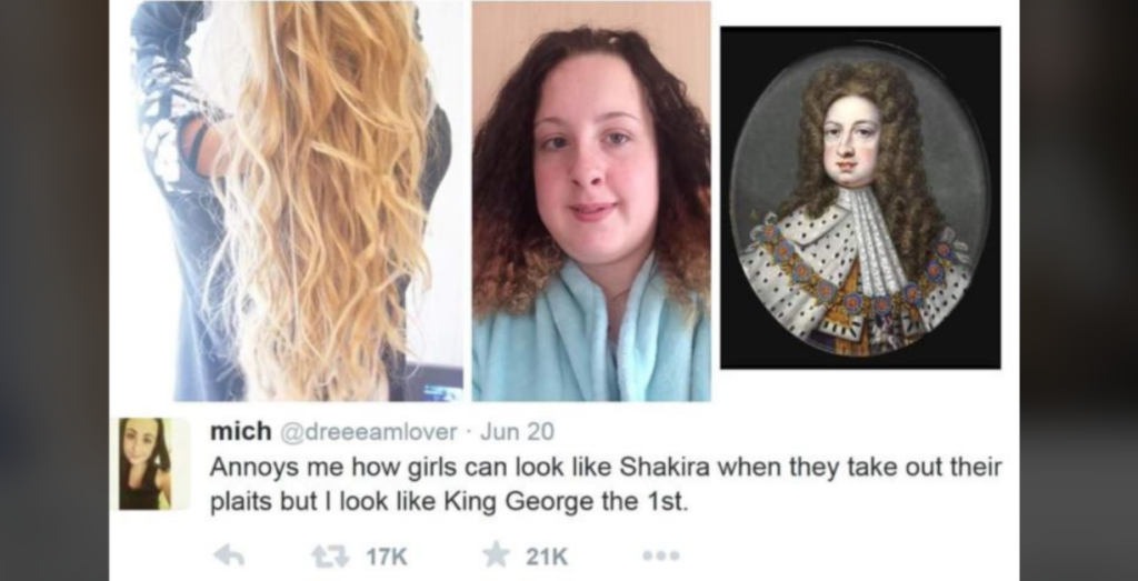 A tweet with three photos. The first image shows a girl with long, wavy, blonde hair from the back. The second image shows the girl's face with curly hair. The third image is a painting of King George I of England. The tweet humorously compares the transformations.