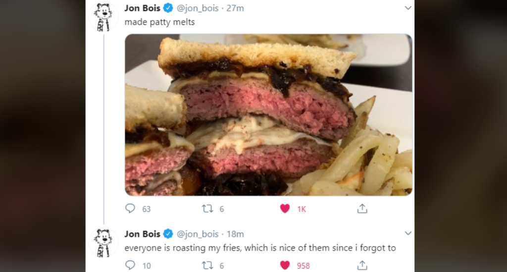 A Twitter post by Jon Bois. The first tweet shows a thick patty melt sandwich with cheese and grilled onions, paired with fries. The text reads, "made patty melts," with 1K likes and 17 comments. The follow-up tweet reads, "everyone is roasting my fries, which is nice of them since i forgot to," with 958 likes and 1 comment.