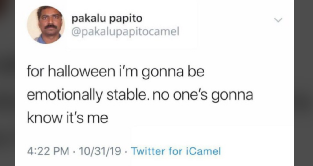 A tweet from user "@pakalupapitocamel" posted on October 31, 2019, at 4:22 PM via Twitter for iCamel. The tweet reads: "for halloween i’m gonna be emotionally stable. no one’s gonna know it’s me.