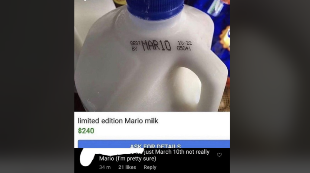 A close-up photo of a milk jug labeled "limited edition Mario milk" priced at $240. The expiration date on the jug reads "Best by MAR10," which has been mistaken for "Mario." A comment underneath points out that it refers to March 10th.